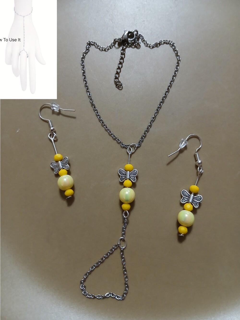 Yellow Bead Butterfly Hand Chain and Earrings Set
